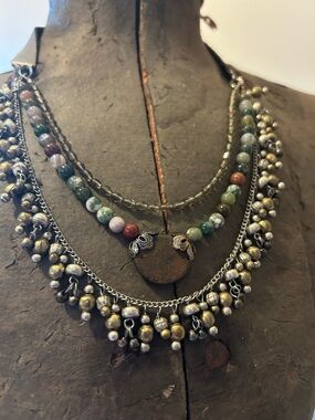 Vintage Layered Beaded Necklace with Antique Silver Accents in Green and Brown